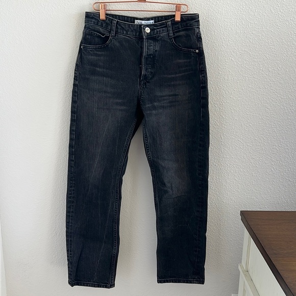 Zara Black Washed Denim Button Fly Straight Denim USA 6 - Picture 1 of 8